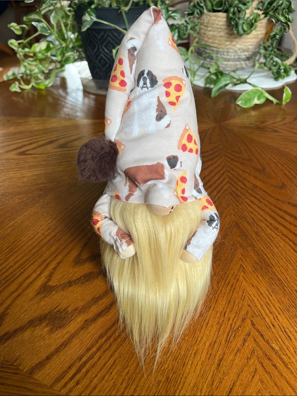 Handmade Fabric Gnome with Pizza & Dog Print Hat and Body